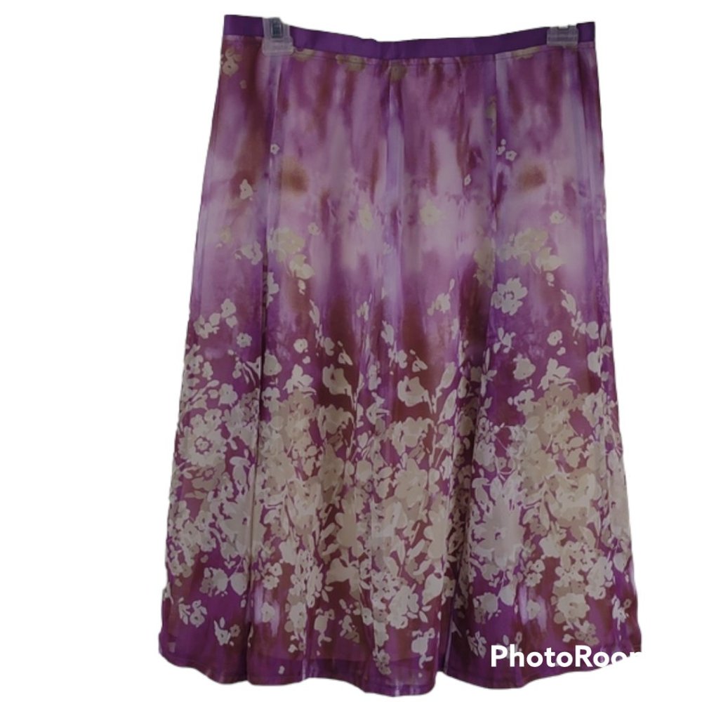 Worthington Floral Lavender Ribbon Waist Pleated Lined A-Line Lightweight Skirt